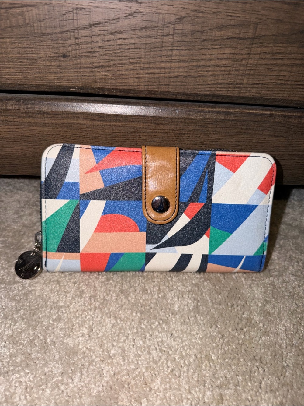 Multi-Color Geometric Zip Wallet with Tan Accent